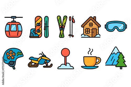 Winter sports and activities flat icon set. skiing, snowboarding, mountain icons.