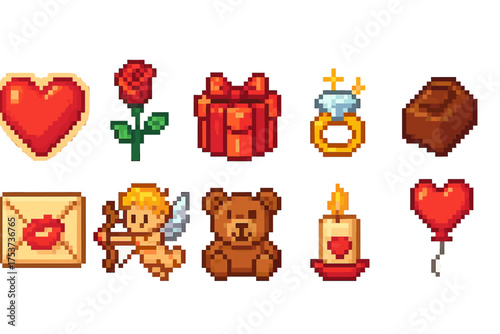 Valentine's day pixel icon set. romantic, love, holiday icons in retro pixel style