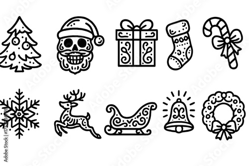 Christmas, holiday outline icon set. festive, seasonal icons for winter celebrations.