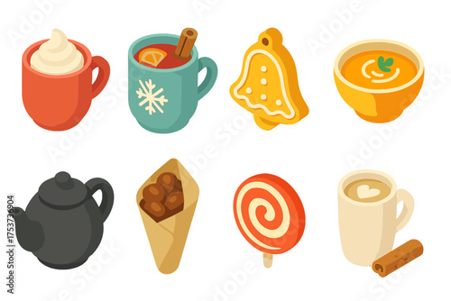 Winter drinks and snacks icon set: 3d comfort food and beverage icons collection