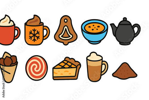 Winter and autumn flat icon set for cozy seasonal themes and holiday designs