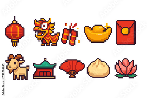 Chinese new year pixel icon set. festive, traditional celebrations in pixel art style