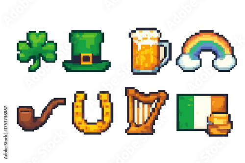 St. patrick's day pixel icon set. shamrock, leprechaun hat, ireland symbols in pixel art