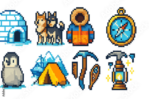 Adventure and exploration icon set. pixel style icons for navigation and camping