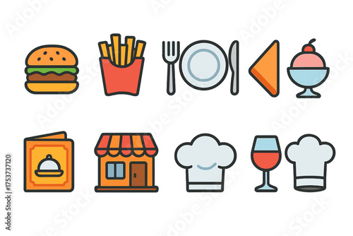 Food and restaurant flat icon set. dining, cuisine, and chef icons collection