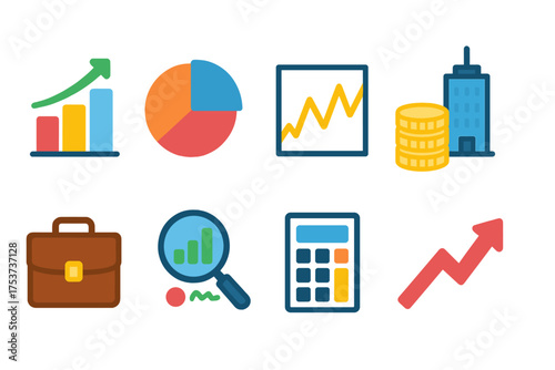 Business and finance solid icon set. charts, analytics, investment icons solid collection