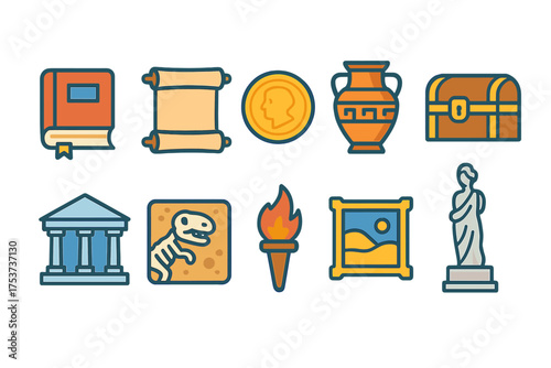 History, culture flat icon set. archaeology, museum, ancient artifacts icons collection.
