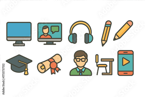 Education and learning flat icon set. school, online courses, graduation, study symbols