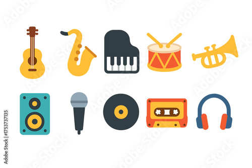 Music icon set in glowing style. instruments and audio symbols collection