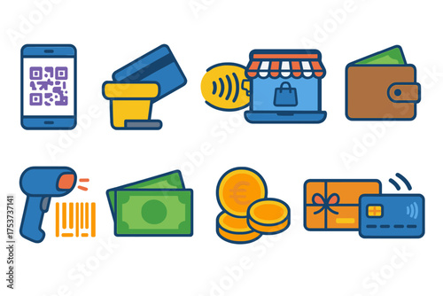 Finance and shopping icon set: digital commerce, currency, payment outline icons