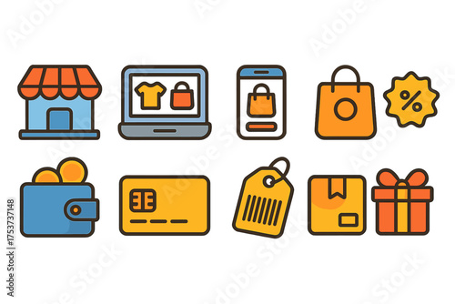 Shopping and e-commerce flat icon set: store, cart, payment, and gift icons