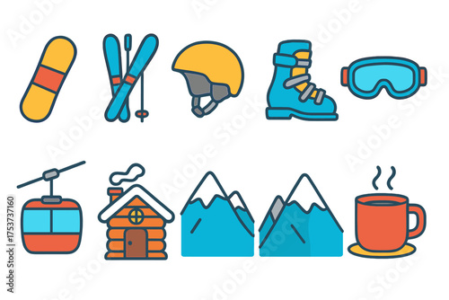 Winter sports flat icon set. skiing, snowboarding, and cabin flat icon collection.