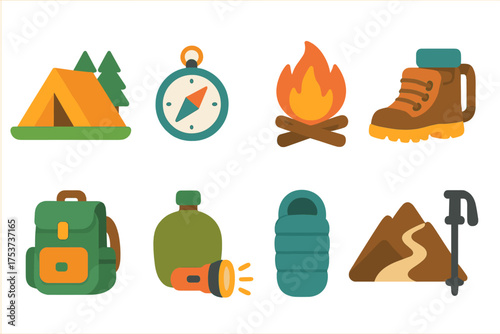 Camping and hiking icon set: outdoor, adventure, flat style icons collection