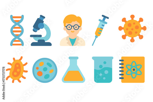 Science and laboratory flat icon set. microscopes, dna, chemistry tools flat icons.