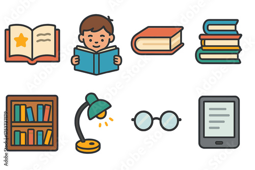 Education and reading flat icon set. books, library, study icons collection.