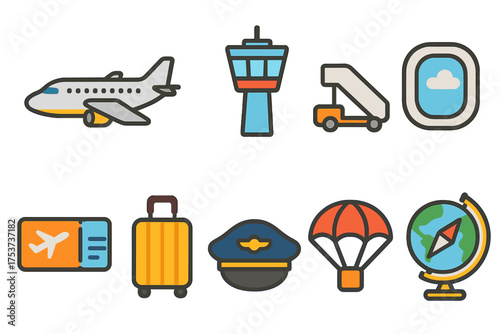 Travel and tourism flat icon set. vacation and adventure planning symbols collection.