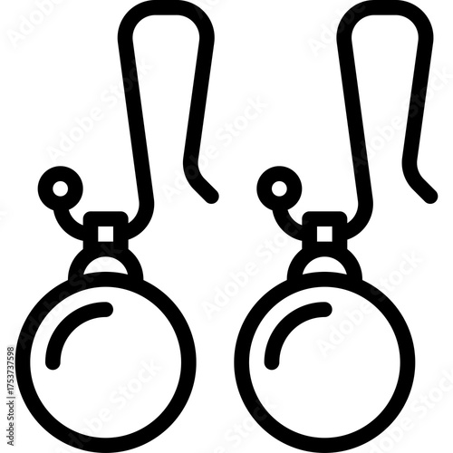 Outline of dangling earrings with round pearl-like beads and thin hooks on a transparent background