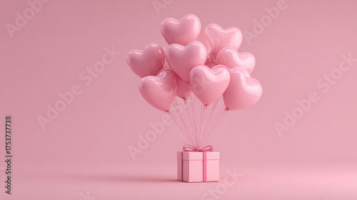 3D heart-shaped balloons with a pink gift box on a pink background