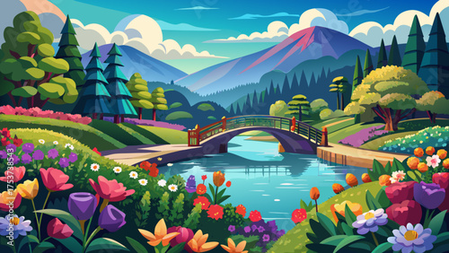 Very beautiful view of the Broad River from Lake Lure Flowering Bridge in Lake Lure, North Carolina, surrounded by colorful blooms, lush greenery, and peaceful mountain scenery.