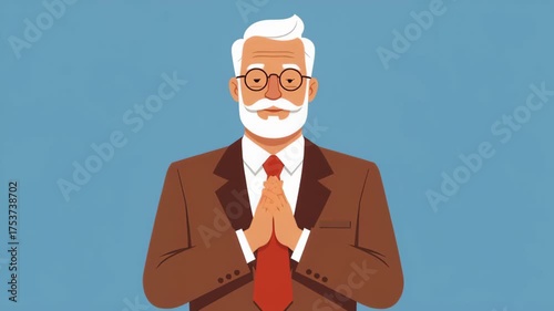 Animated senior businessman in a suit adjusting his red tie. 2D character illustration of a professional expert. Corporate leadership concept with copy space