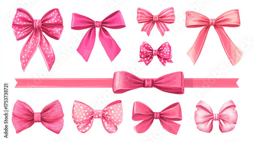 Watercolour illustrations of birthday gifts with bows and a pink rib