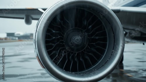 Close-up view of an airplane engine at an airport during rainy weather with the plane in the background. 4k video