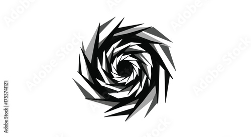 Abstract black and white spiral vortex with sharp geometric shapes creating a sense of motion and depth
