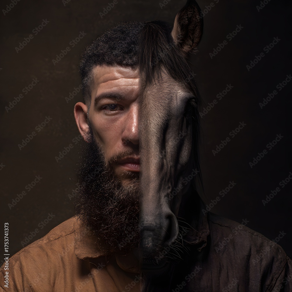 Fototapeta premium A surreal portrait blending a man and a horse.