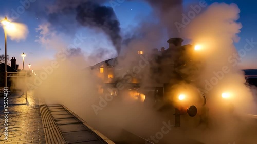 A vintage steam train releases a cloud of billowing steam at a station. Historic locomotive on a railway platform at twilight. Nostalgic travel and transportation