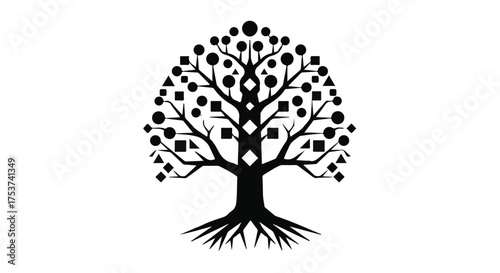 Stylized abstract tree with geometric shapes and circles representing growth and connection