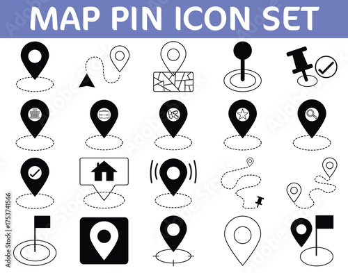Map Pin and Location Pointer Vector Icon Set. GPS, Navigation, Geolocation, and Route Tracking Symbols for Apps, Websites, and Travel Graphics.