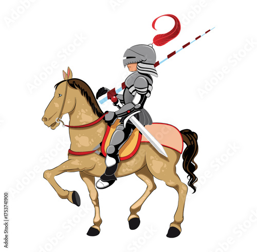 Knight on Horseback: A valiant knight in shining armor rides a majestic steed, lance at the ready, a symbol of bravery and chivalry.