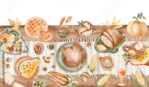 Watercolor illustration of a Thanksgiving holiday dinner table. Features turkey, pie, vegetables, and other dishes. Hand drawn artwork suitable for menu design, cards, posters, and backgrounds.