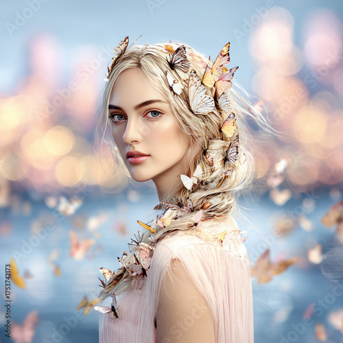 A dreamy portrait of a young woman with long blonde hair decorated with butterflies. She is wearing a soft, pastel pink dress and standing outdoors against a blurred cityscape background with glowing 