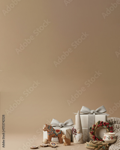 Scandinavian Christmas Scene with Dala Horse, Fox Figurine, Wreaths, Gifts, and Gnome – Cozy Nordic Holiday Decor in Warm Beige Tones with Copy Space