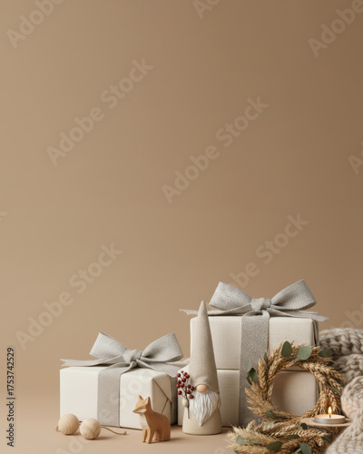 Scandinavian Christmas Scene with Oat Wreath, Gnome with Red Berries, Wooden Fox Figurine, and Gift Boxes – Cozy Nordic Holiday Decor in Warm Beige Tones with Copy Space