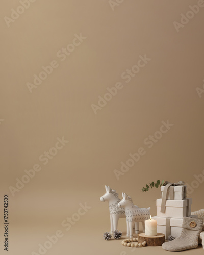 Scandinavian Christmas Background with White Porcelain Horses, Knitted Sock, and Gift Boxes – Minimal Nordic Holiday Decor in Warm Beige Tones with Copy Space
