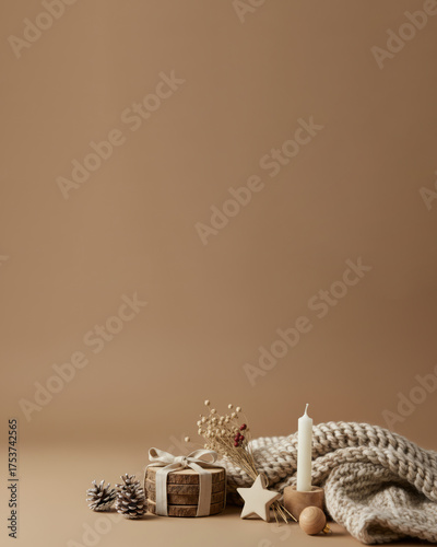 Scandinavian Christmas Background with Pine Cones, Wooden Coasters, and Candles – Minimal Nordic Holiday Decor in Warm Beige Tones with Copy Space