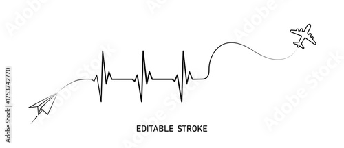 Abstract paper plane origami airplane, editable stroke ekg shape route, healthy heart vector. Creative medical science concept design to use for cardiology, healthcare business, love concept projects.