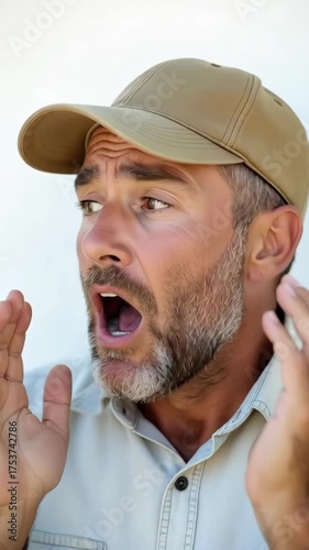 A man's expression changes from worried to shocked. Vertical video of a person screaming in terror and disbelief. Reaction to sudden bad news