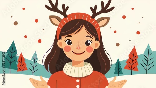 Animated Christmas greeting of a cute woman with reindeer antlers. Illustrated character smiling in a snowy winter landscape. Festive holiday animation
