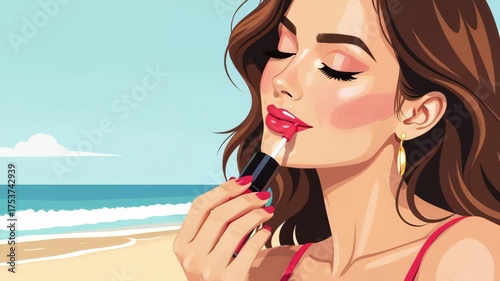 Animated illustration of a woman applying red lipstick on a summer beach. Close-up of a stylish girl putting on makeup. Beauty and fashion concept