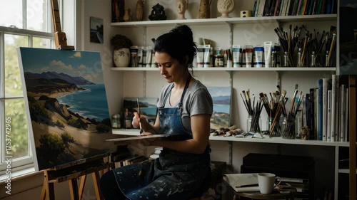 A female artist painting a landscape on a canvas in her studio. Creative woman working on artwork with a brush and palette. Artistic process and hobby concept