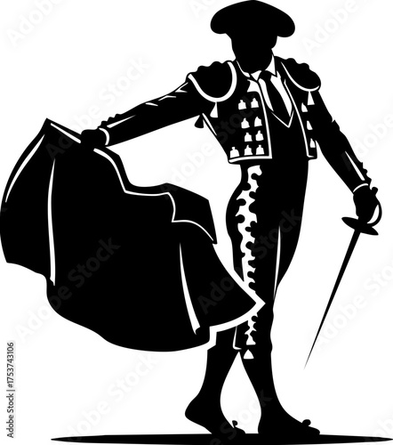 Dramatic bullfighter silhouette wielding sword and cape in a traditional matador pose, perfect for Spanish culture or sports designs and brave illustrations