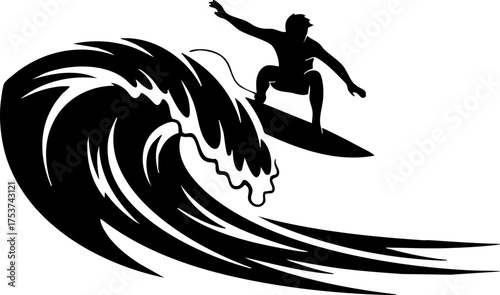 Dynamic surfing silhouette riding a powerful wave, capturing the thrill of extreme sports and ocean adventure, perfect for summer vibes designs