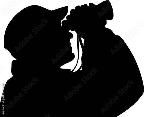 Focused observer in silhouette using binoculars for discovery and exploration, seeking new perspectives and opportunities in a dynamic world.