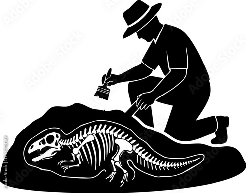 Expert paleontologist meticulously excavating ancient dinosaur fossil discovery revealing prehistoric secrets of Earth's past.