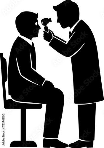 Professional doctor examines patient's eye with ophthalmoscope in modern clinic setting for health checkup