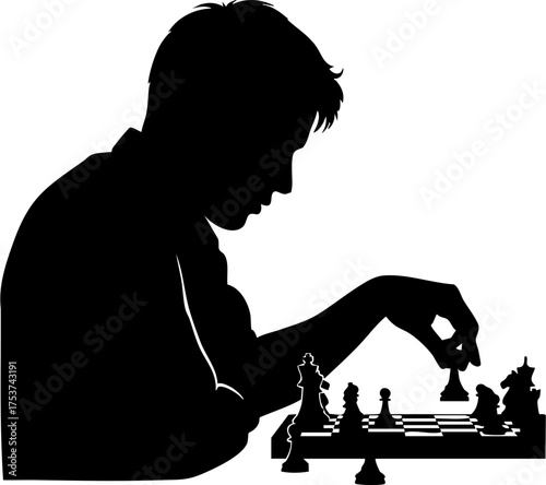 Focused young person contemplating a strategic chess move, embodying intelligence and deep thought in a classic game setting