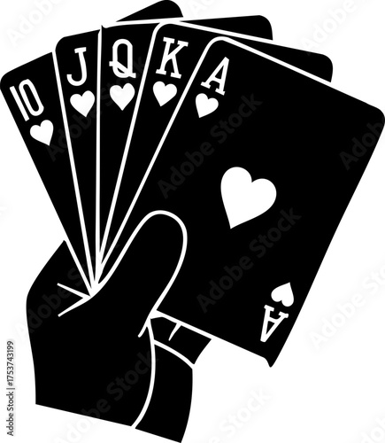 Hand holding a royal flush of hearts, symbolizing winning, luck, and a high-stakes poker game for ultimate success.